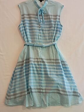 Seaside Cottage Striped Shirtwaist Dress Bow Neck Button Front Dress Lined Sz 14